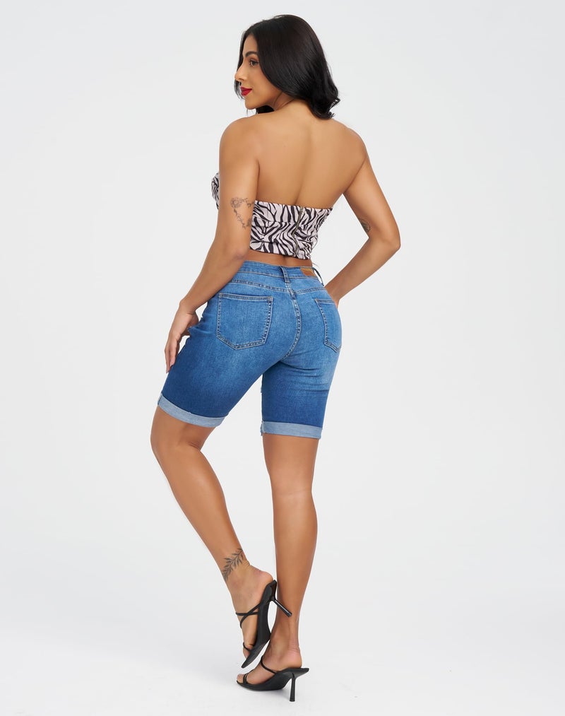 roswear Women's Ripped Denim Mid Rise Stretchy Bermuda Shorts Jeans Denim Large - Image 3